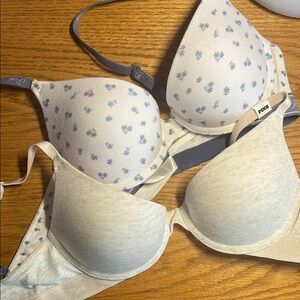 PINK Victoria's Secret Cream and Blue Heart Print Bras